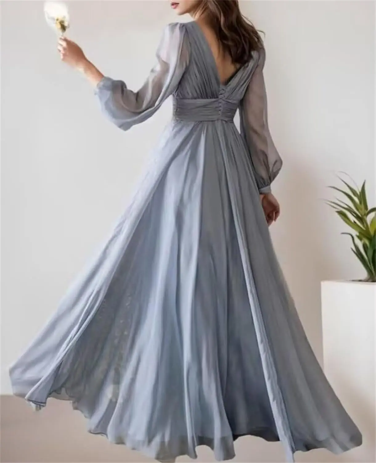 فساتين وصيفة الشرف بأكمام طويلة لضيف حفل الزفاف ورقبة على شكل حرف V من الشيفون للحفلات الراقصة الرسمية على شكل حرف A