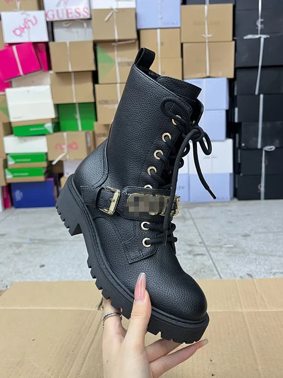 

Faionable Сапоги с круглым носком Thi Bot на шнуровке с поясом Bule Metal ort Сапоги Корейские зимние сапоги Women oes