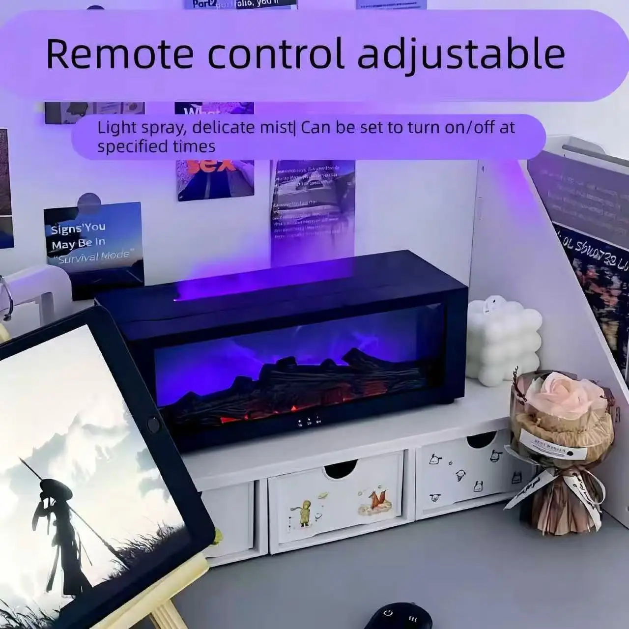 Máquina de aromaterapia con llama para chimenea, humidificador de chimenea de carbón de simulación 3D, Control remoto de escritorio para el hogar, atmósfera colorida