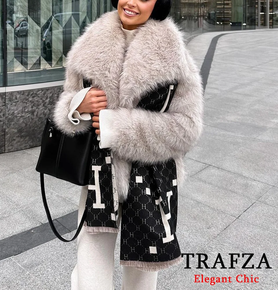 TRAFZA Fall Winter Faux Fur Coat for Women Soft-Touch Big Lapel Coat New 2024 Classic High Street Elegant Coat