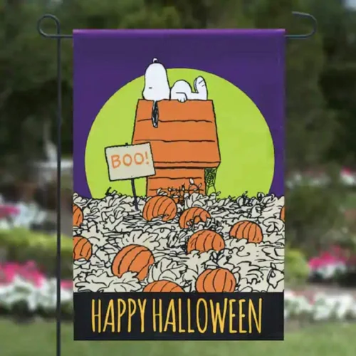 Snoopy Peanuts BOO!  HAPPY HALLOWEEN DOGHOUSE PUMPKINS Garden Flag 12