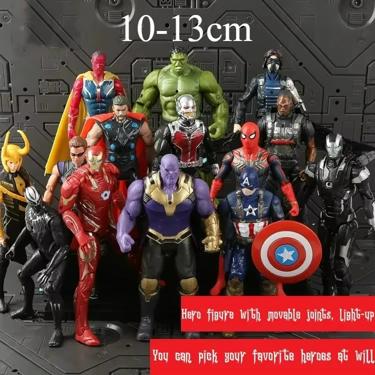 12 см Marvel Comics Мстители Человек-Паук Халк Железный человек Танос Модель Украшения Детские игрушки Светящиеся и движущиеся.