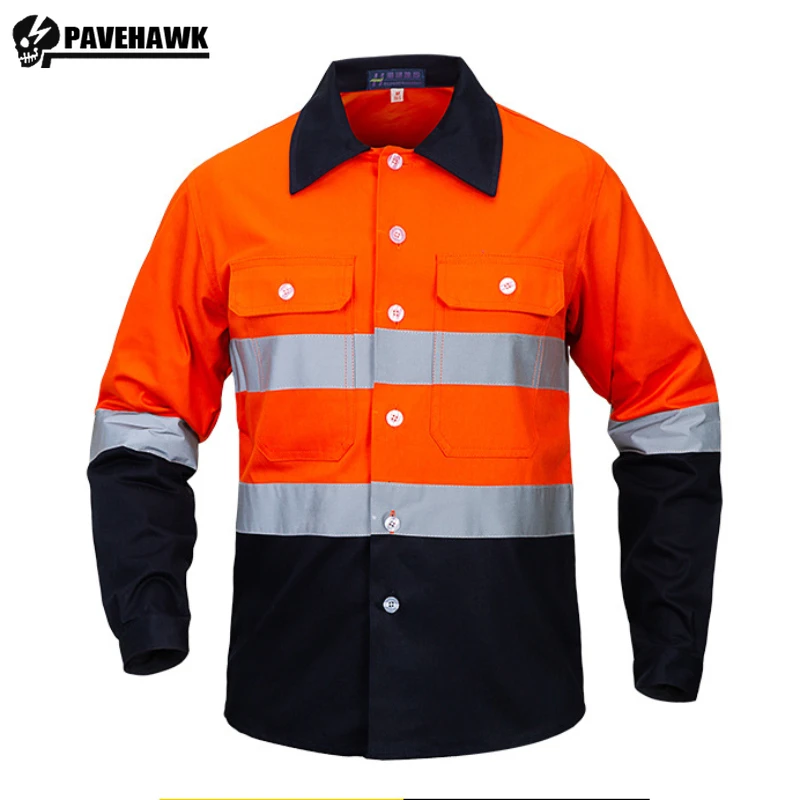 

Men Reflective Stripe Cotton Shirt Big Size S-4XL Safety Breathable Wear-resistant Lapel Work Wear Multi Pocket Long Sleeve Top