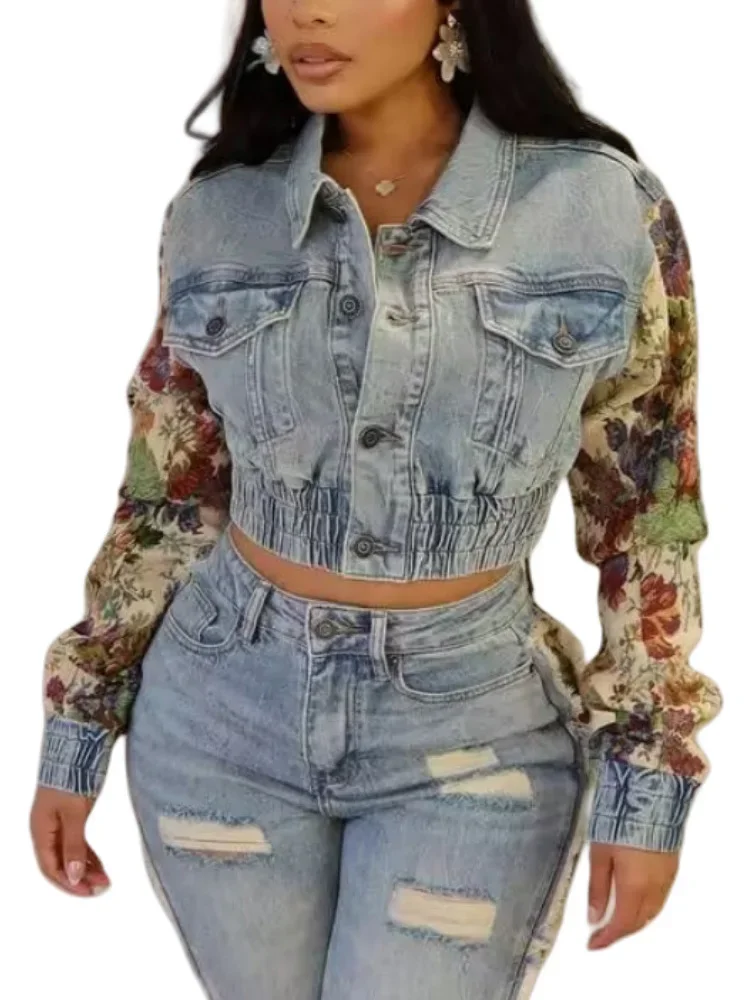 

Women's Jean Coat Spring and Autumn Streetwear Print Long Sleeve Button Down Elastic Slim-fit Crop Denim Jacket Top