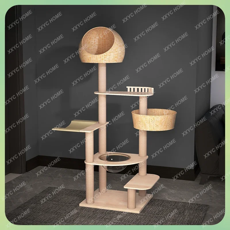Marco de escalada de madera maciza para gatos, nido de gato tejido, árbol integrado, cápsula espacial grande, suministros OakSupplies, chat de litiere, Verano