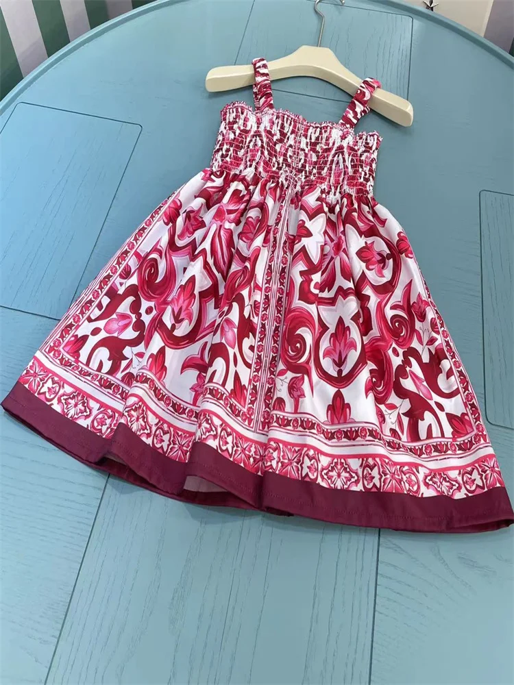 Summer Girls Sleeveless Dresses Designer Kids Princess Dress Cute Red Flower Skirt Holiday Outgoing Clothing Child Festival Gift