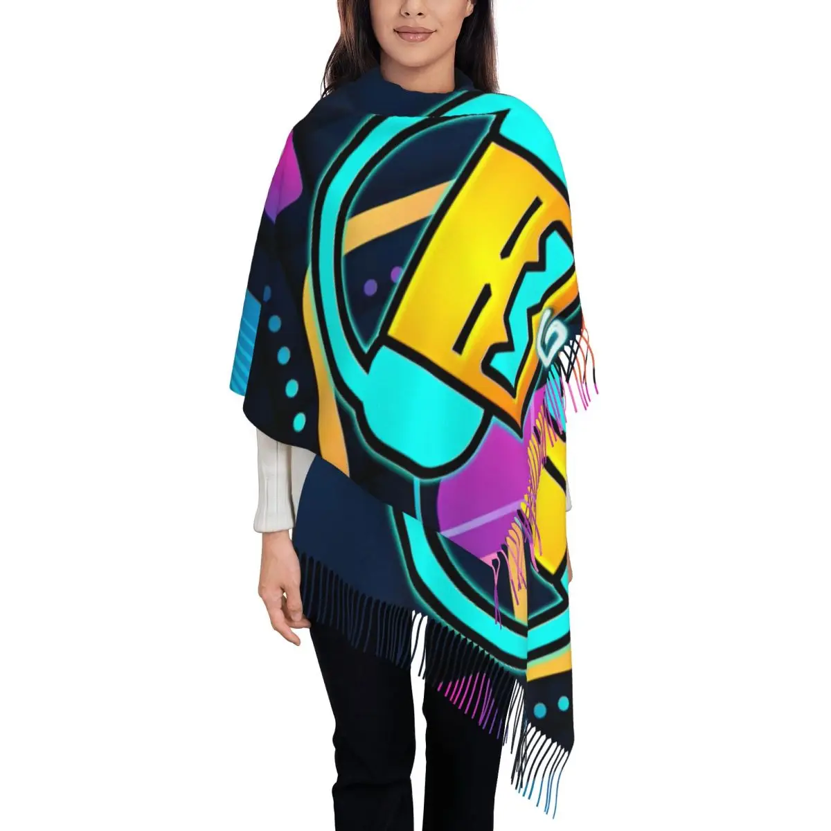 Women's Scarf with Tassel Geometry Dash Music Large Super Soft Shawl and Wrap Geometric Dash Video Game Gifts Pashmina Scarves