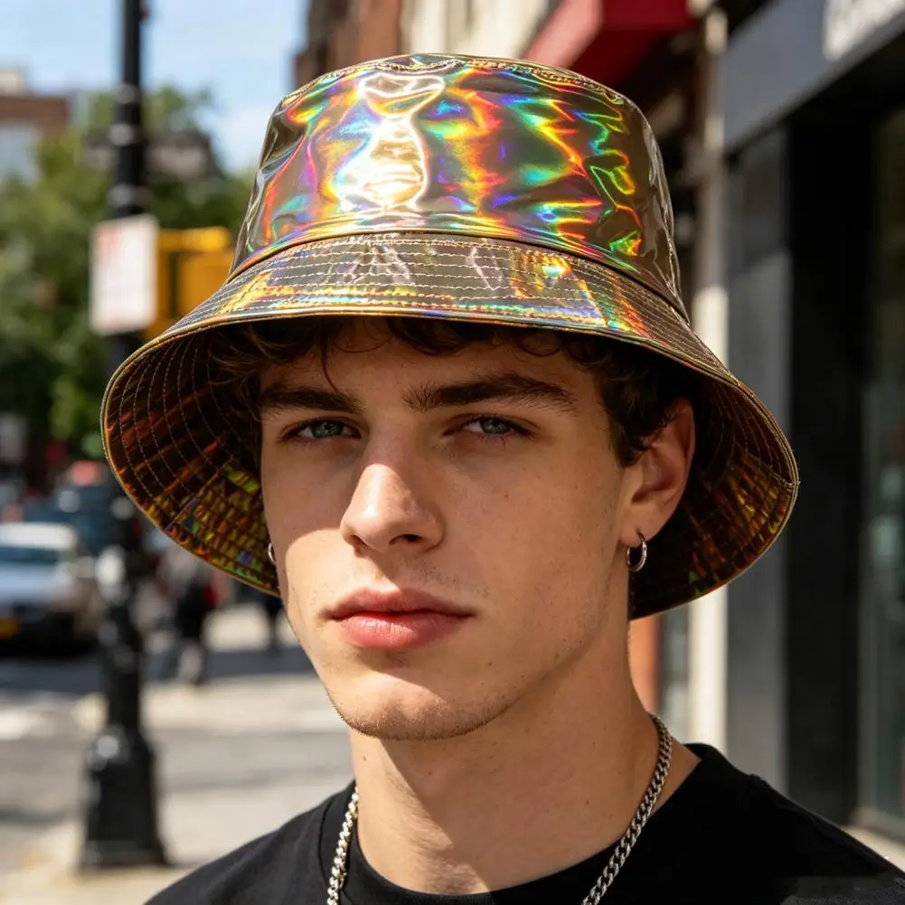 Stage Performance Hat Wide Brim Fisherman Hat, Leather Cool Metallic Shine Sun Hat, Stage Performance Hat for Hip-Hop