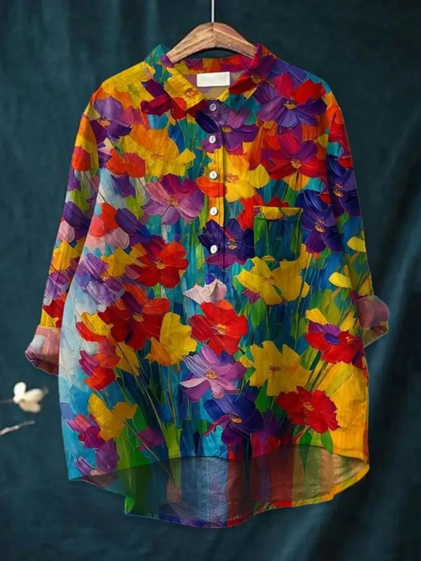 

Ladies' casual loose geometric printed button up shirt, collar, Multi colored flowers- lightweight fabric for casual wear