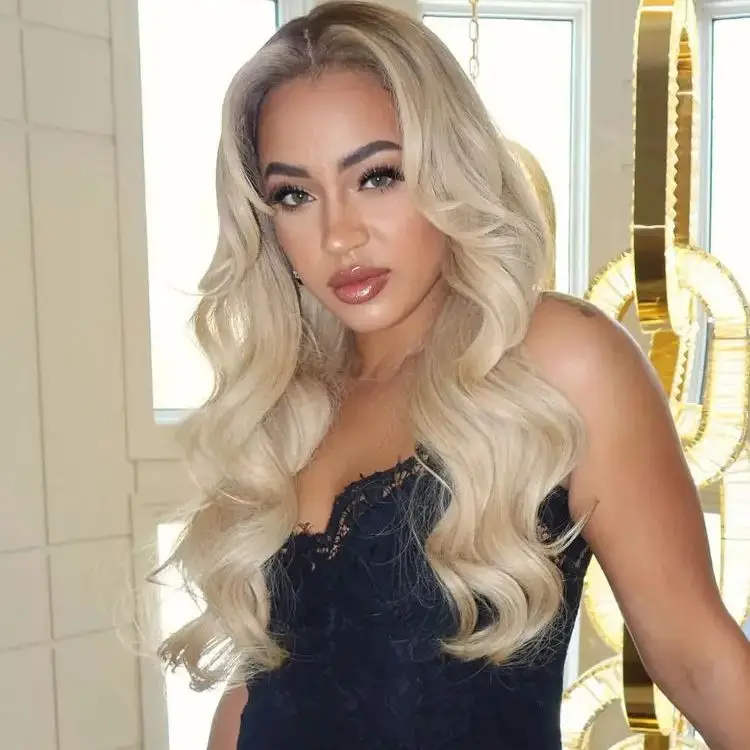 موضة الجسم موجة 13x4 أومبير أشقر فاتح الاصطناعية الدانتيل شعر مستعار أمامي حفلة تأثيري شعر مستعار يومي قبل قطعها شعري مع جذور داكنة #5