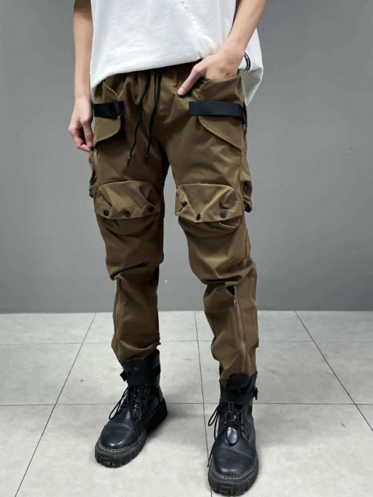 

Street Sle Men's Functional Work Pants Multi-ket Loose Fit Cuffed Long Trousers Youthful Energy Sle Anti-Stain Dirt-Re...