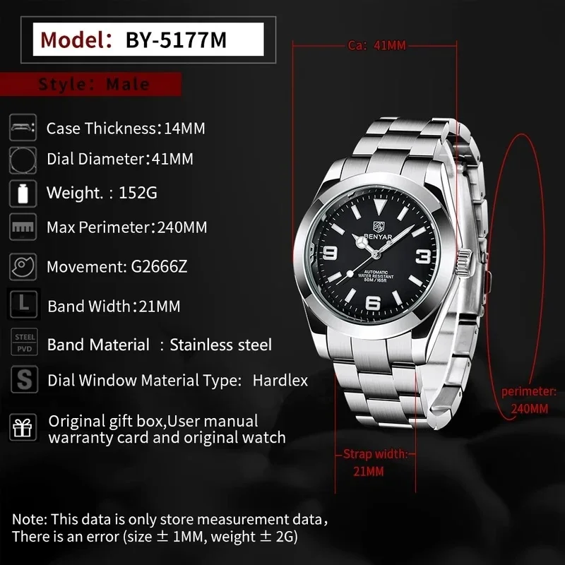 2026 BENYAR BY-5177 Men's Automatic Mechanical Watch, Luxury Business & Sports Wristwatch, 50M Water Resistant, Ideal Gift for M