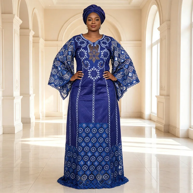African Asian Plus Size Women's Robe Headscarf New Lace Spliced Jacquard Fabric Maxi Long Dress Party Dresses For Women