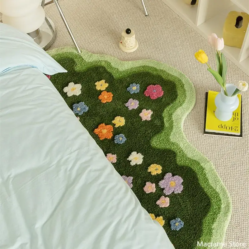 Wavy Shape Green 3D Flower Tufted Rug Soft Tufting Sofa Carpet Absorbent  Non-slip Room Floor Foots Mats Bedside Rugs Foot Pads