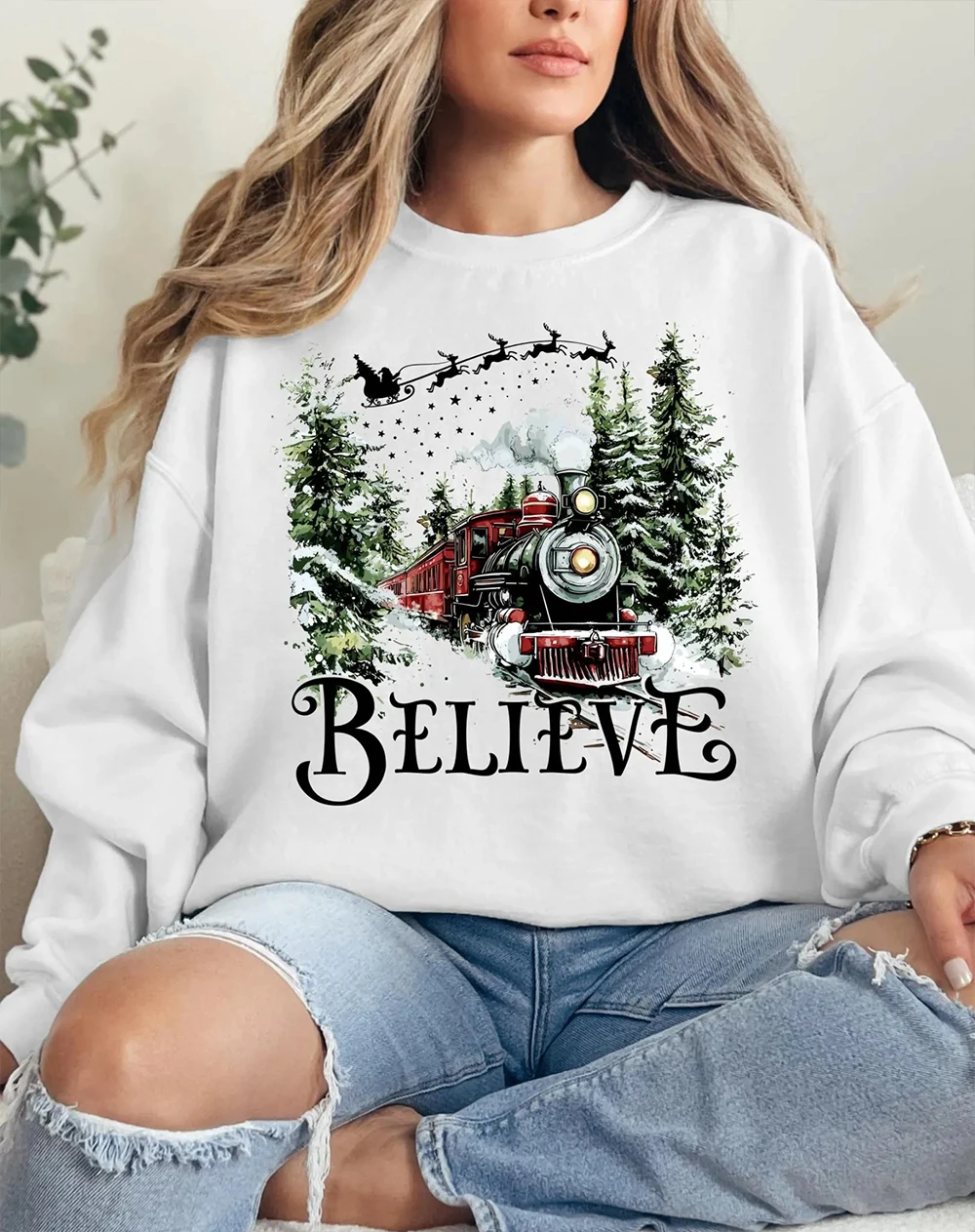 Vintage Polar Express Sweatshirt All Aboard Polar Express Women Long Sleeve Round Neck Apparel Unisex Top Casual Daily Streetwea