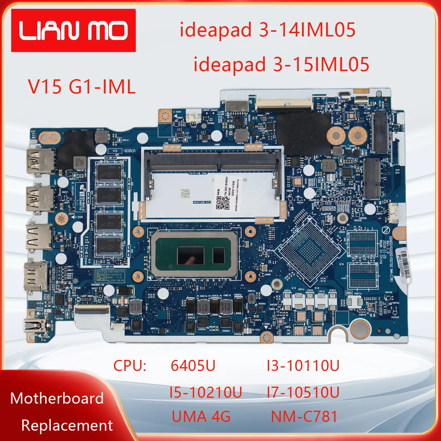 NM-C781 For Lenovo ideapad 3-14IML05 3-15IML05 V15 G1-IML Laptop Motherboard 6405U I3-10110U I5-10210U I7-10510U 4G 5B21B48864