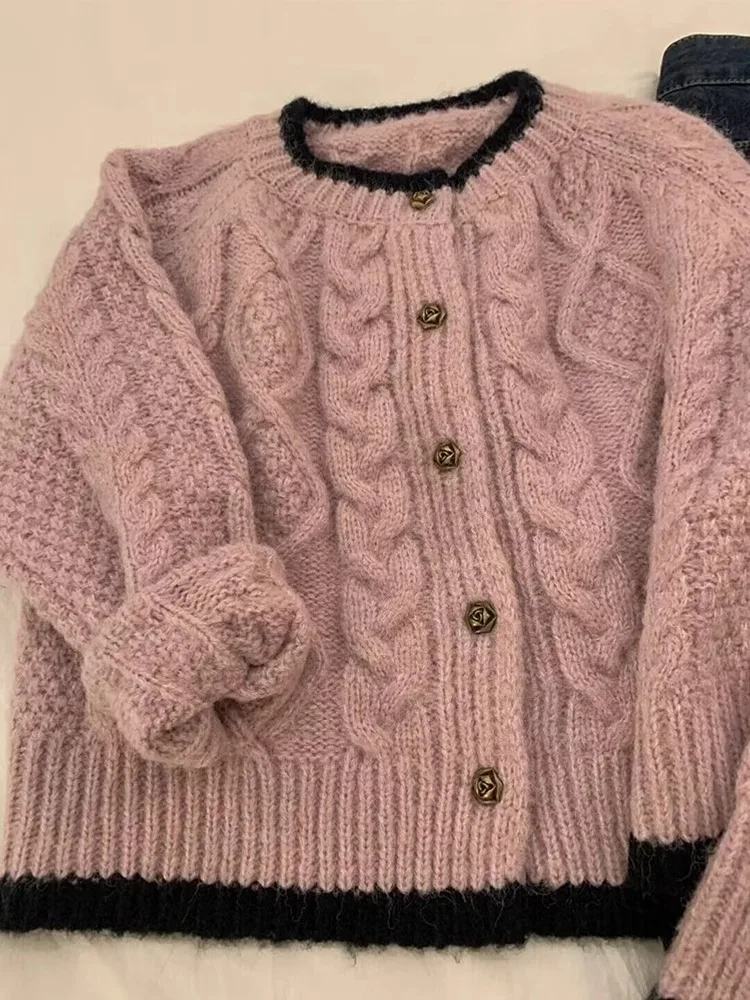 Chic Pink Knitted Cardigans Women Spring Autumn New Rose Single Breasted Long Sleeves Sweater Coats Gentle Elegant Warm Knitwear