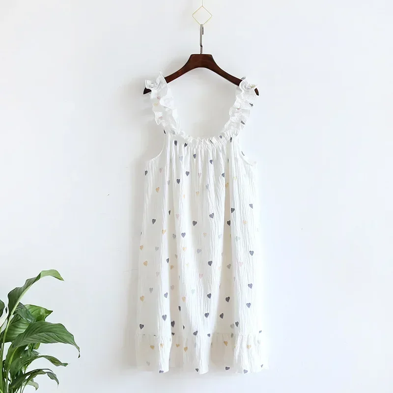 Ladies Summer Cotton Yarn Pure Cotton Thin Suspender Nightdress Loose Mid-length Sweet and Lovely Long Home Dress Camisola Sexy