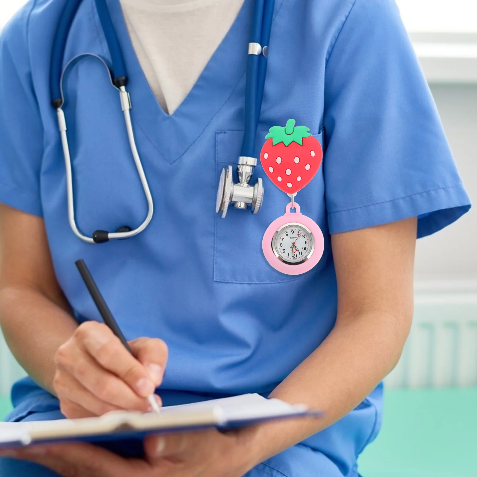 

1pc Nurse Pocket Strawberry Design Stretchable Clip-On Chest Watch For Doctors Nurses Hanging Cartoon Timing Watch