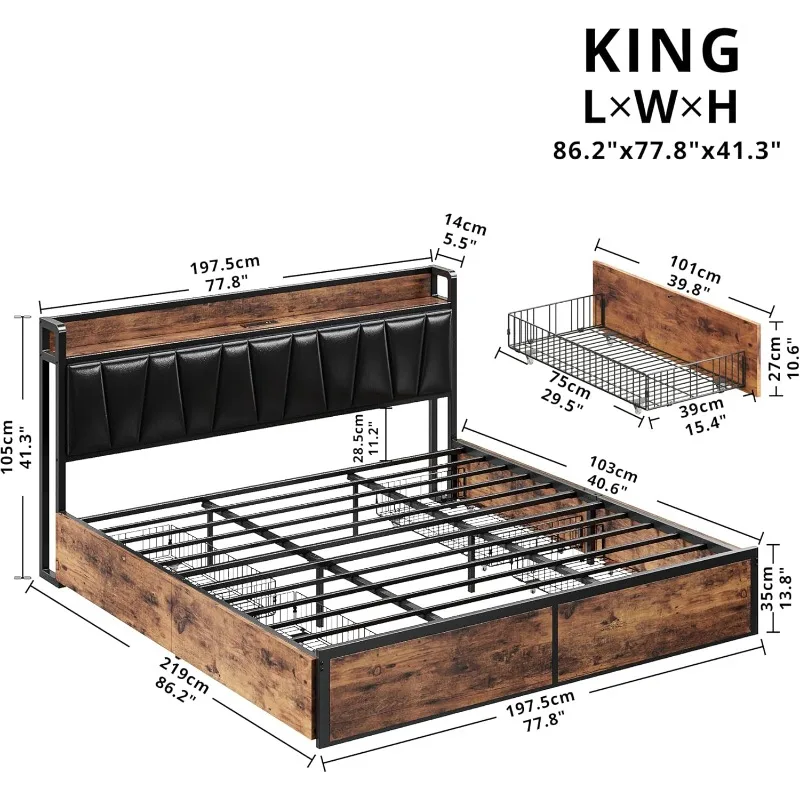 King Bed Frame with 4 Storage Drawers, Platform Bed with Charged Headboard, Sturdy and Stable, No Noise, No Box Spring Needed