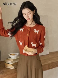 MISHOW Women Casual Knitted O-Neck Vintage Sweater Dog Pattern Short Cardigan 2024 Autumn Korean Single Breasted Tops MXD43Z0784