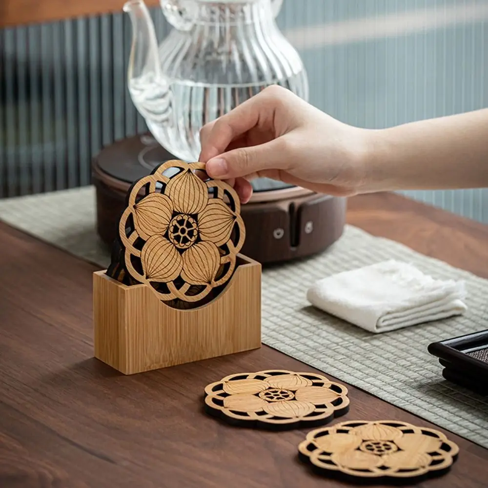 

6Pcs/Set Lotus Flower Wooden Round Cup Mat Chinese Style Placemat Heat Insulation Pad with Storage Box Creative Tea Cups Coaster