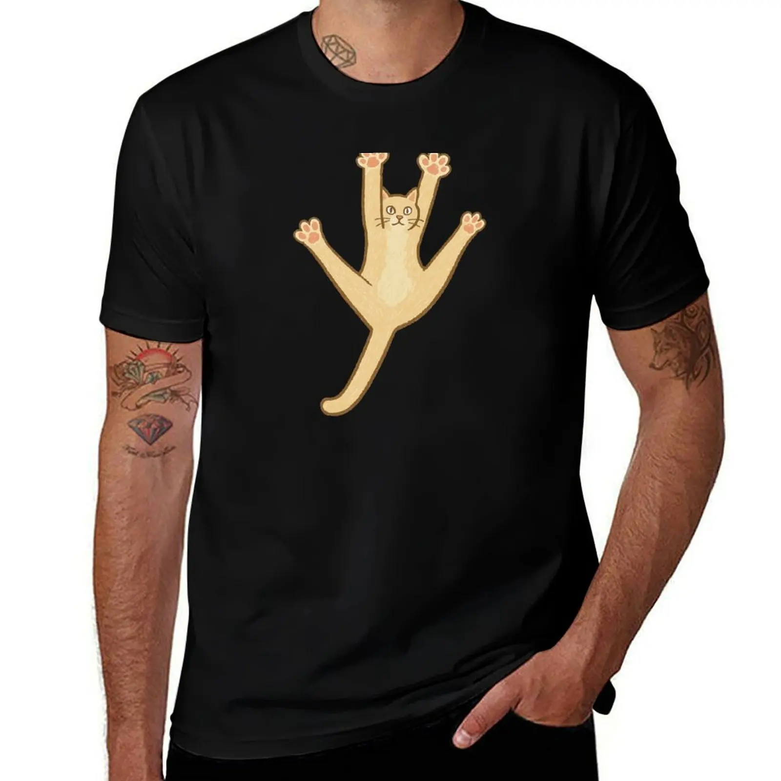 

Cute Beige Cat Stretching Illustration – Funny Cat Art for Cat Lovers T-Shirt graphic tee shirt mens t shirts