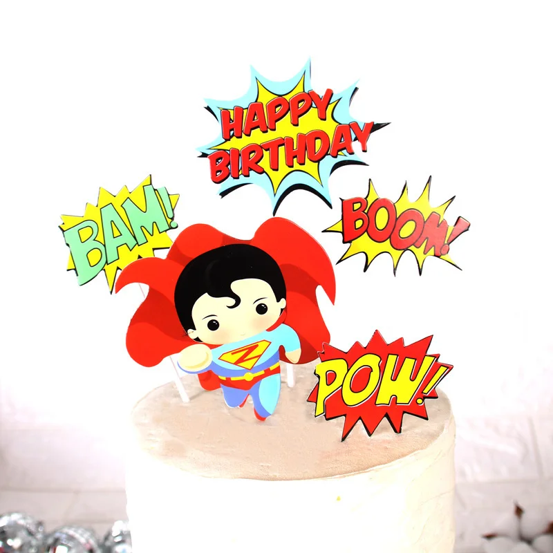 6pcs Cartoon Super Hero Happy Birthday Cake Topper Cute Boom Pow Paper Cupcake Topper for Boys Birthday Party Cake Decorations