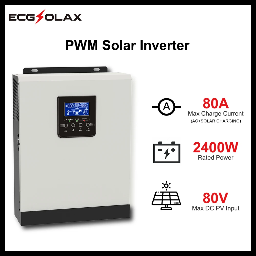 ECGSOLAX Off Grid Solar Inverter PWM 2400W 24V 80VDC Pure Sine Wave Hybrid Inverter Built-in PWM Solar Charge Controller 230VAC