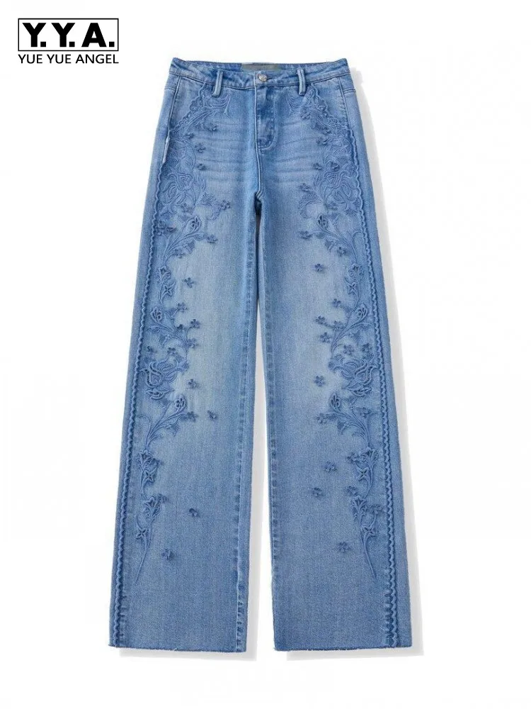 

Ladies Button Wide Leg Denim Pants Leisure Fashion Female Pockets Straight Trousers Cool Womens Solid Color Embroidery Jeans