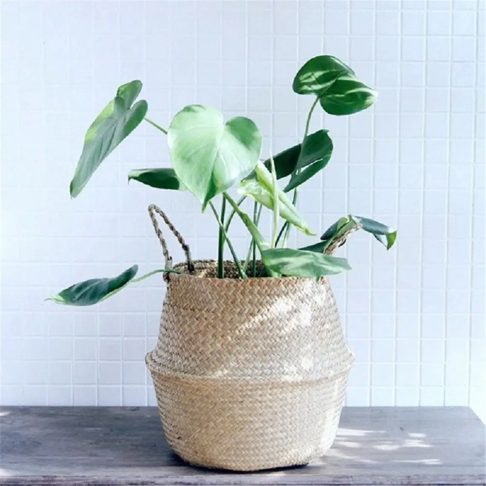 Mini Basket Rattan Folding Wicker Handle Round Natural Sea Grass Plant Storage Wood Flower Basket Garden Planter Flower Pot