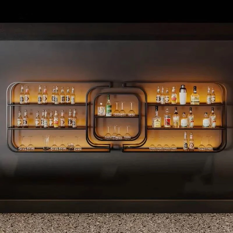 심플한 철제 와인 랙 바 카운터 디자이너 디스플레이 캐비닛 조명 포함 고급 창의적 벽걸이형 바 캐비닛