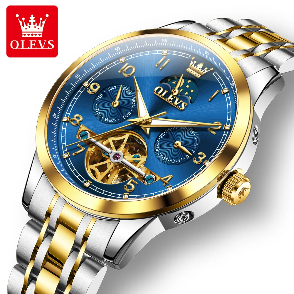 ساعات OLEVS أوتوماتيكية للرجال ساعة يد ميكانيكية أصلية فاخرة بهيكل عظمي توربيون بتقويم كلاسيكي لرجال الأعمال #4