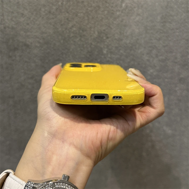 Coque de téléphone à paillettes jaune fluorescent brillant, étui en Silicone souple pour iPhone 17 16 15 13 14 12 11 Pro Max 16e XS XR X 7 8 Plus SE