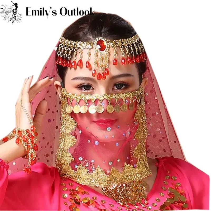 2pcs/pack Women's Belly Dance Tribal Face Veil  Egyptian Mask Halloween Accessories Beautiful Sequin Tribal  Dance  Costume