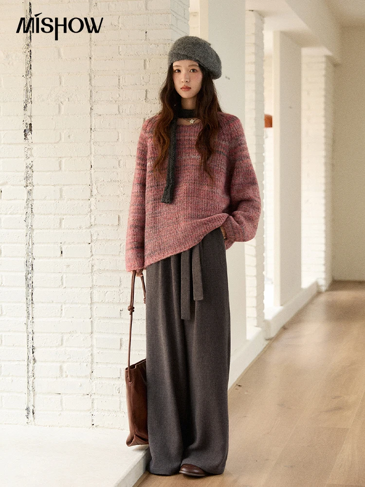 MISHOW Women's Blue Sweater 2025 Winter Fashion Loose Crew Neck Long Sleeve Pullover Pullovers Soft Versatile Top MXE86Z2733