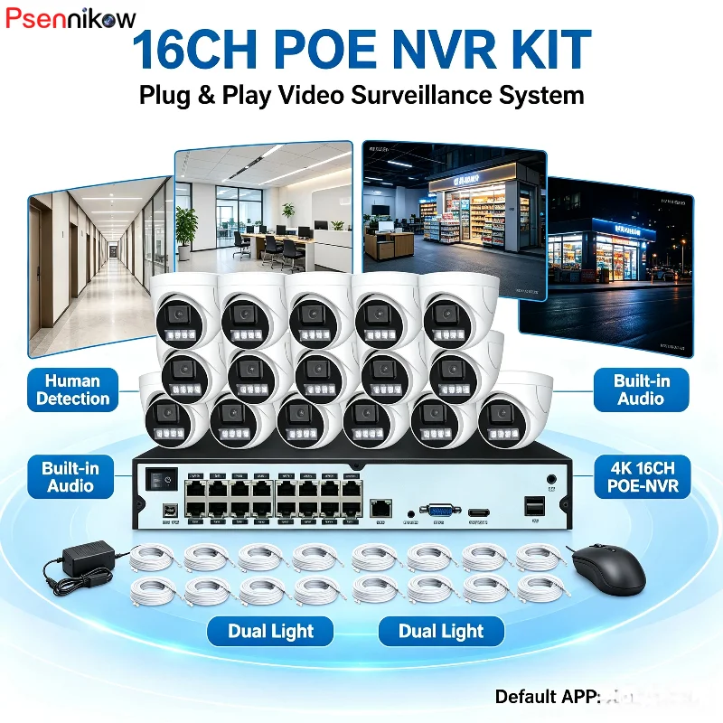 Psennikow 16CH 4K POE NVR CCTV Security Dome Camera System 8MP Colorful Night Vision Indoor Outdoor Audio Video Surveillance Kit