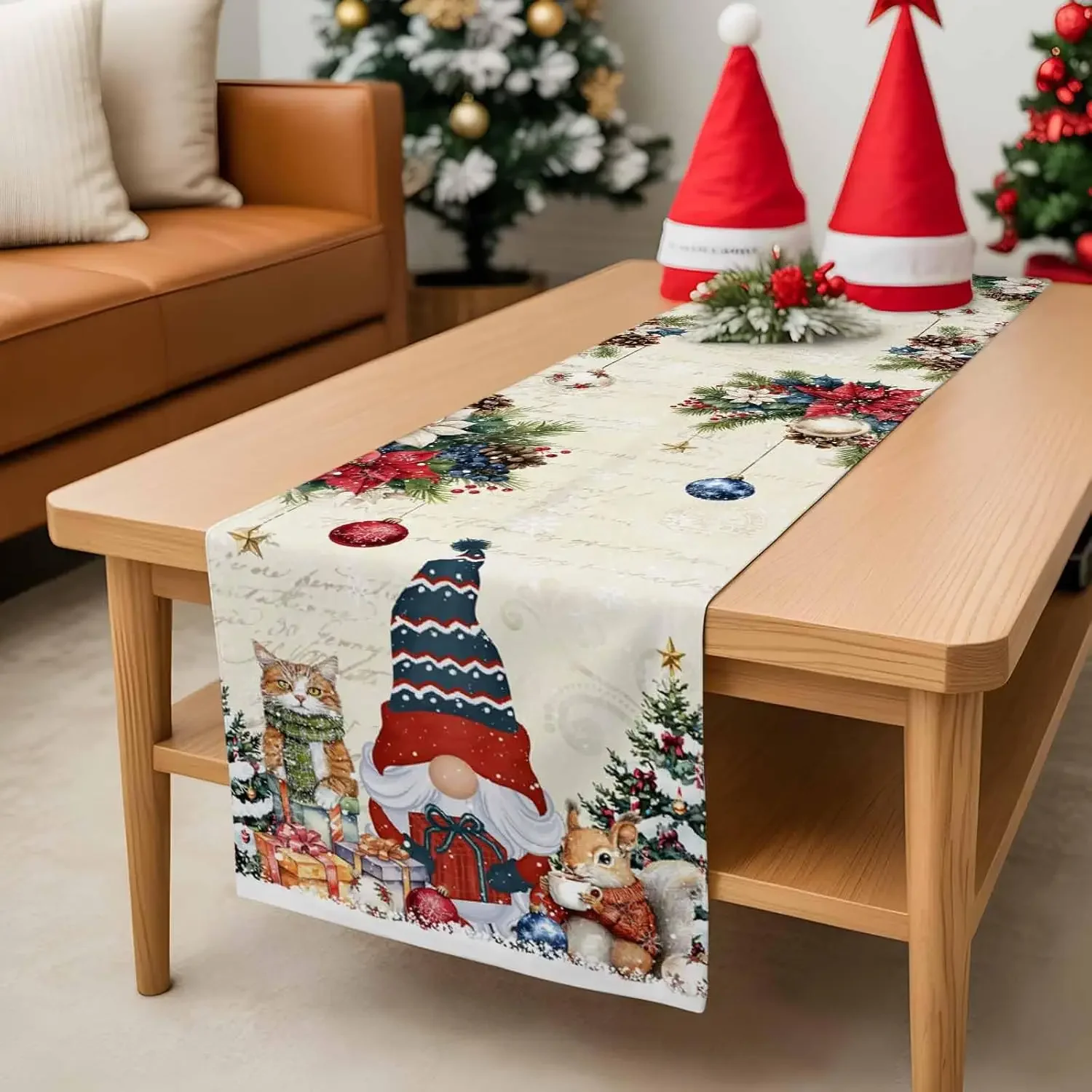 Christmas Gnome Snowflake Pine Needle Table Runner, All-Season Versatile, Party & Holiday Table Runner