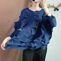Miyake Pleated T-shirt Casual Fold Top 2025 Summer New Round Neck T-shirt Irregular Large Size Loose Women's Pleat Clothing - Image 3