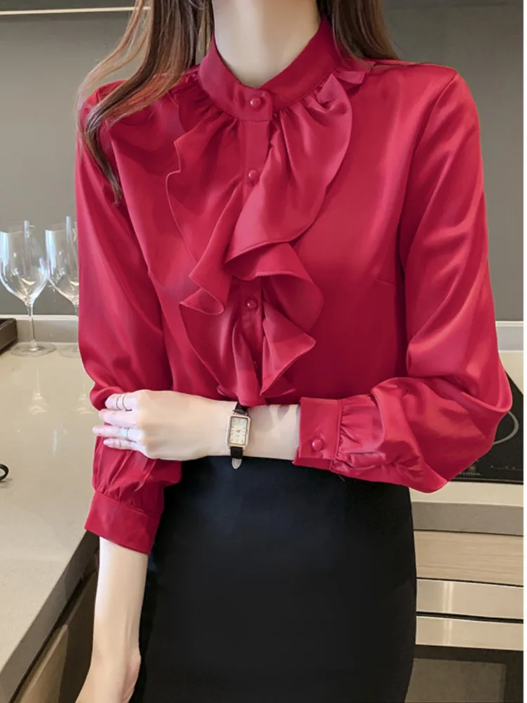 #3122 White Blue Red Office Chiffon Shirts Stand Collar Spliced Ruffles Blouse Femme Elegant Slim Fit Womens Tops And Blouses