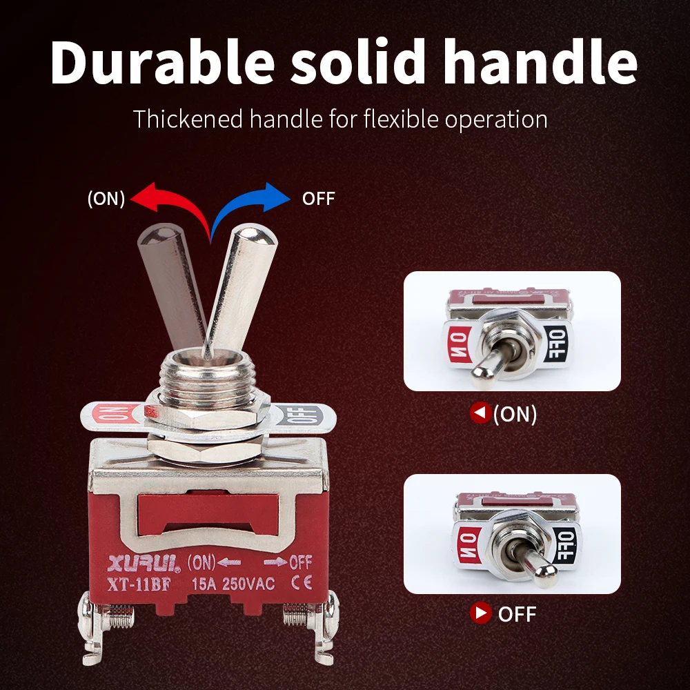 6 قطع، مفتاح تبديل XURUI، XT-11BF، 15A/250VAC، كوب مقاوم للماء مجاني، قوة عالية وغير قابلة للكسر، اتصالات فضية وأطراف نحاسية