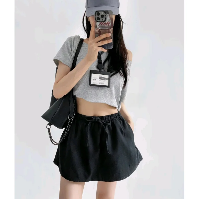 

Casual Sle Pleated ort Skirt Women's Loose Fit mid Waist Low Waist Denim Skirt with Bow Tie Spring Summer New Arrival