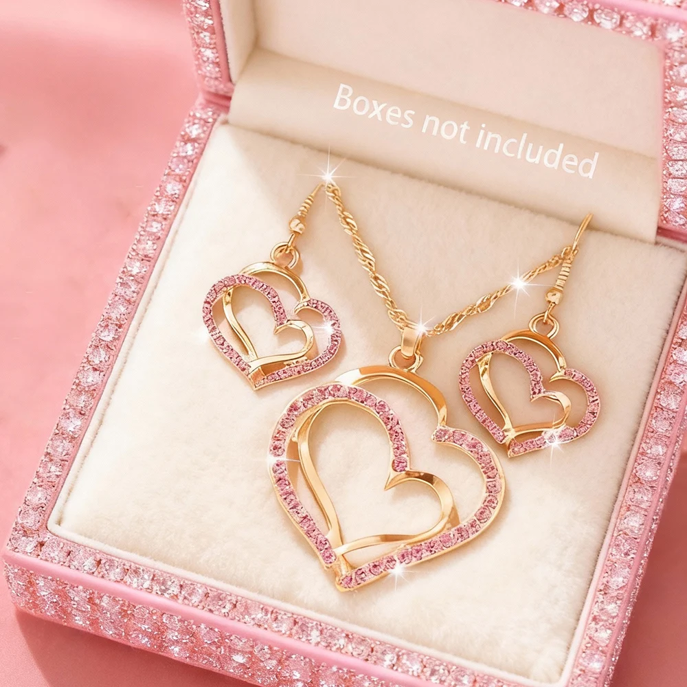 3-teiliges Doppel-Herz-Schmuckset mit rosa Strasssteinen, Halskette und Ohrringe, romantisches Geschenk für Frauen zum Valentinstag, für Dating oder Party