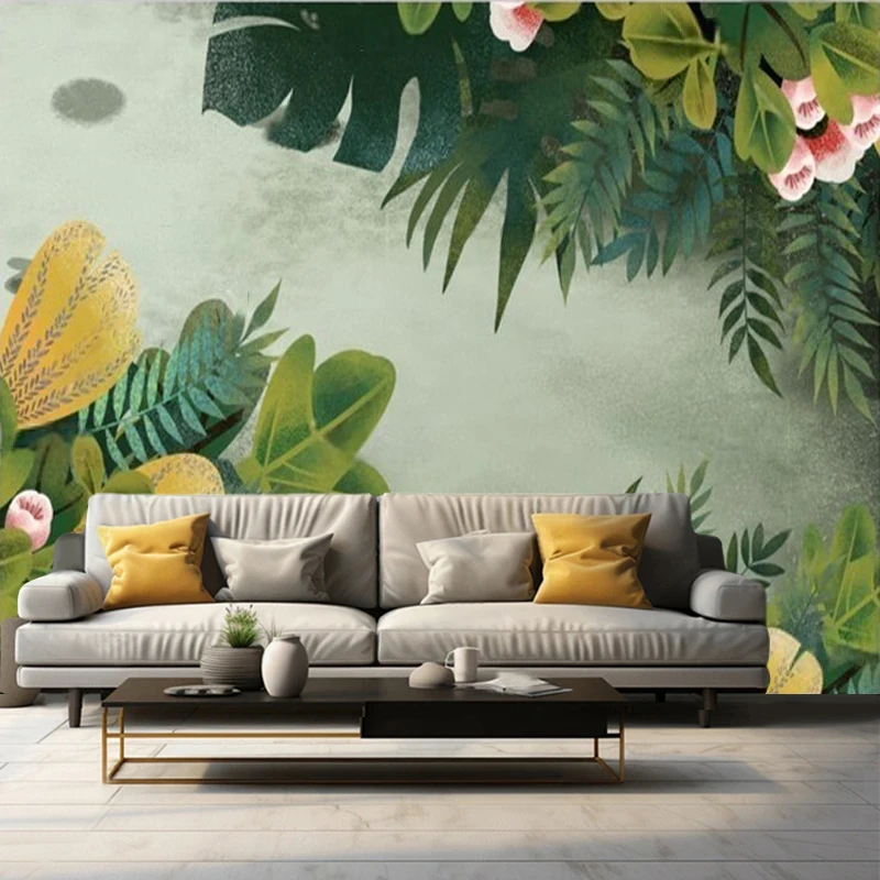 Simple And Fresh Green Leaves And Flowers In Watercolor Style Fashionable And Romantic Luxurious Home Decoration Background Wall
