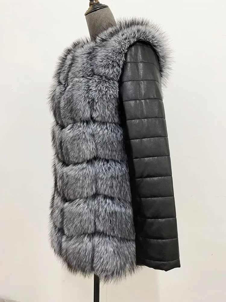 S-4XL ファッション 秋冬コート レディース フェイクフォックスファーコート PU袖付き 女性用 ふわふわフェイクファー ジャケット レディース ファーコート アウターウェア