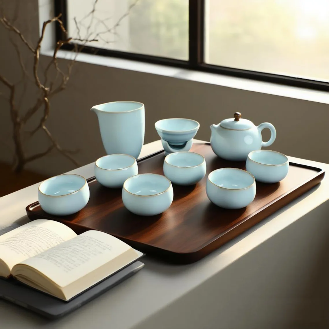 Hot Sale Ru Kiln Tea Set - Xishi Pot, Chinese Porcelain Tea Cup Set With Teapot And Cups, Celadon Blue Chinese Gongfu Tea Set