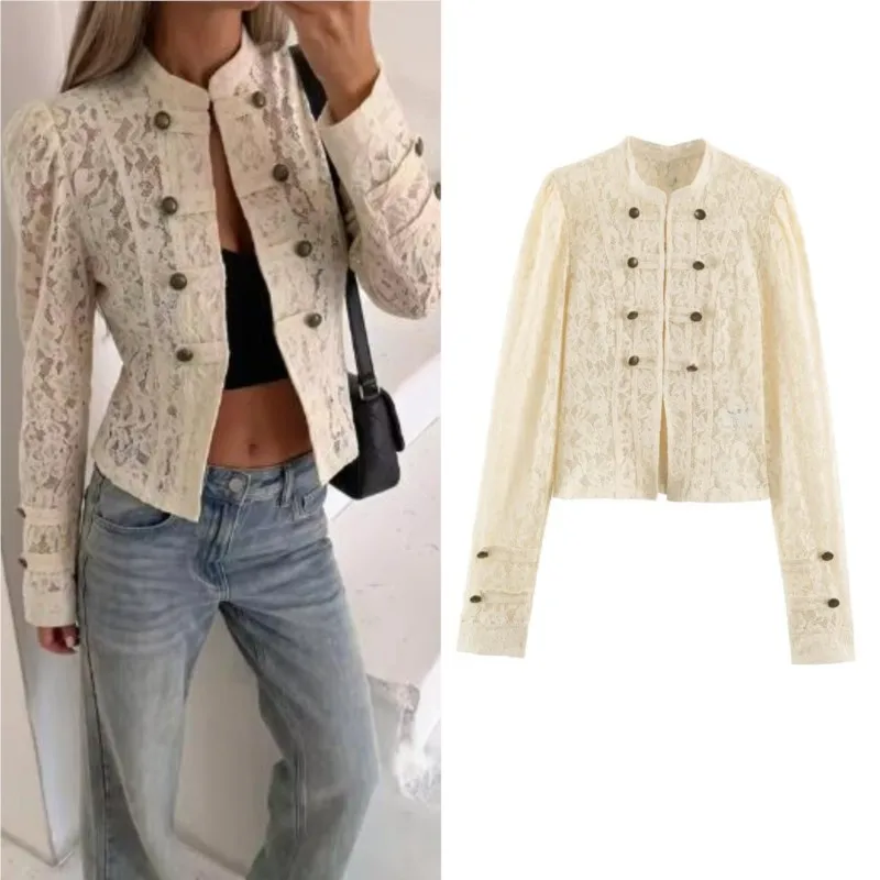Women's Lace Rope Knot Decorative Coat Autumn High Neck Long Sleeve Coats Fashion Elegant Female Chic Tops