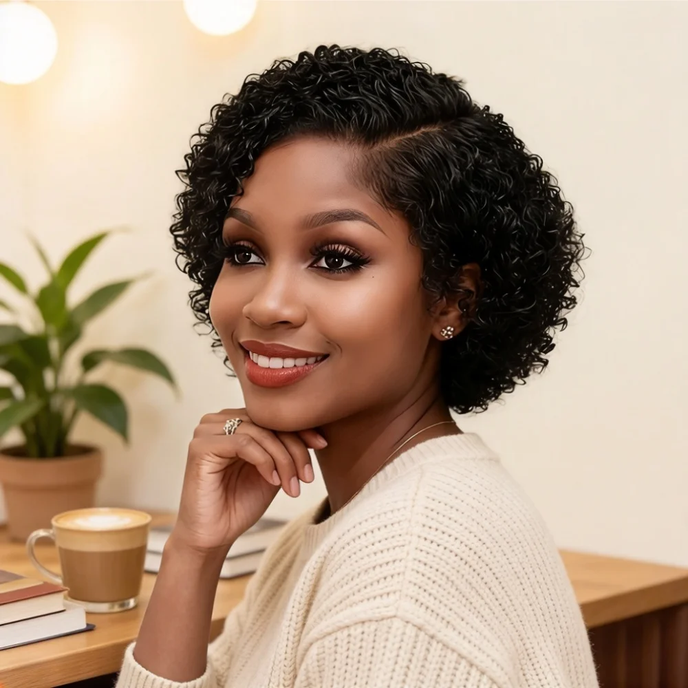 Elegant Curly Wave Pixie Cut 13x4x1 Lace Front Preplucked Remy Human Hair Wig for Women image 5