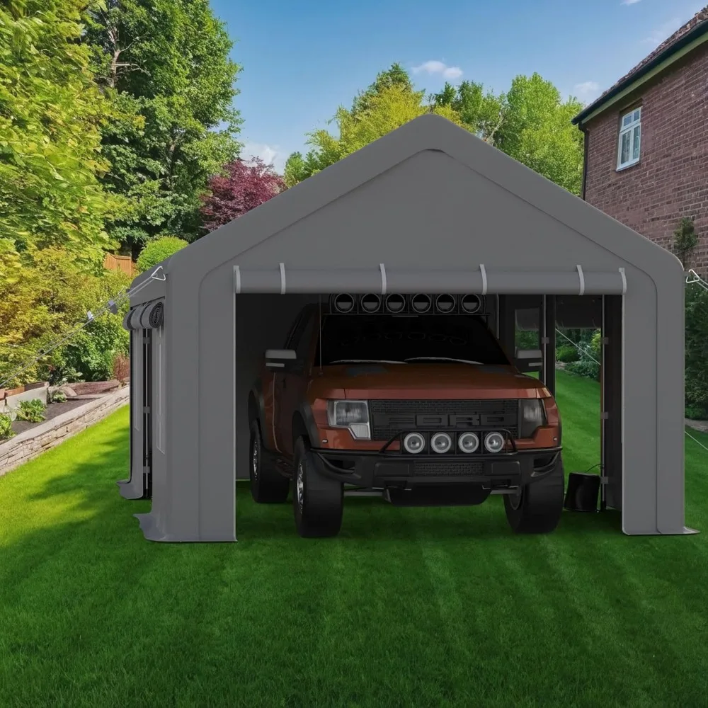 

13x20ft Carport, 4 Roll-up Doors & 4 Ventilated Windows, UV Resistant All-Season Waterproof Tarp, Reinforced Steel Poles, Garage