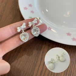 White Simple Rhinestone Heart Clip Earrings for Women New Sweet Style Zircon Heart Shaped Clip on Earrings No Piercing Wholesale